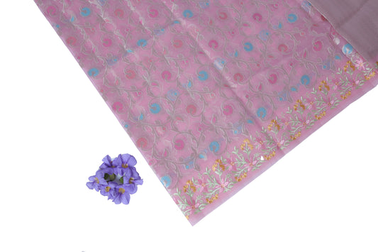 Pink Bamboo Kora Silk Saree