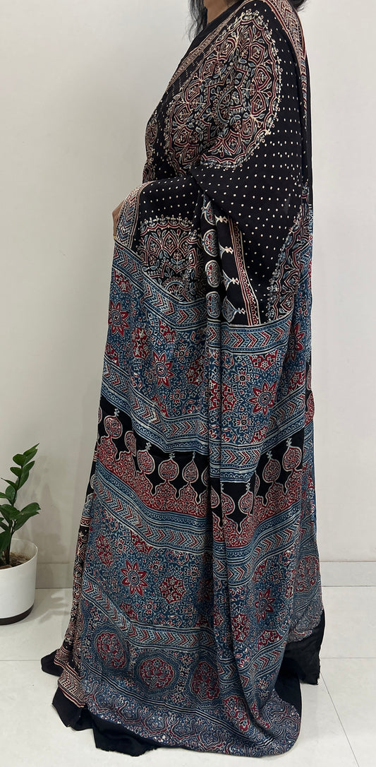 Pure Modal Silk Handblock Ajrakh Saree
