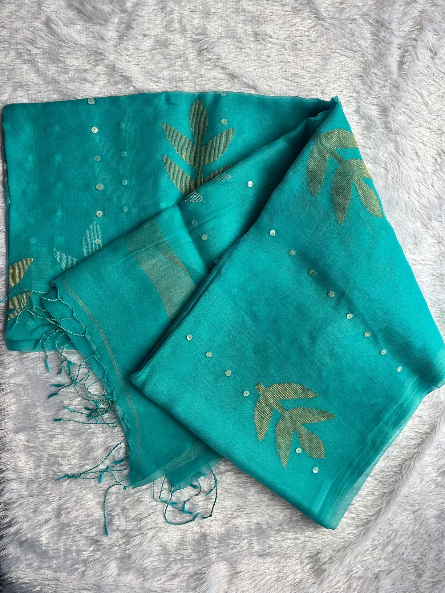 Teal Firozi - Pure Muslin Silk Saree with handwoven mother of pearl saree