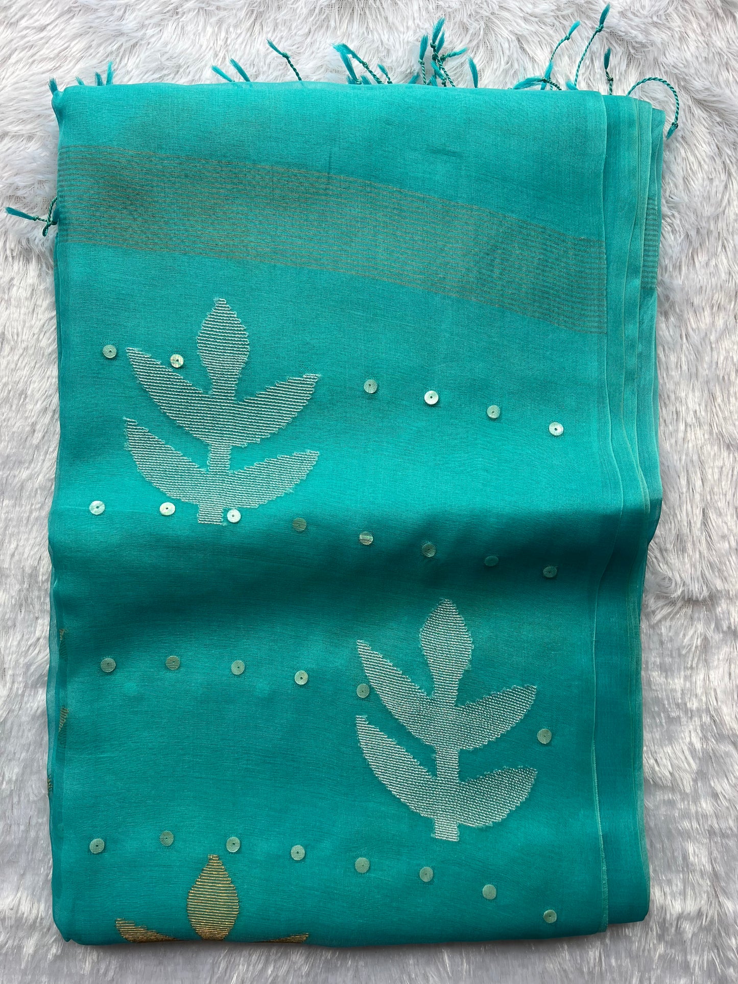 Teal Firozi - Pure Muslin Silk Saree with handwoven mother of pearl saree