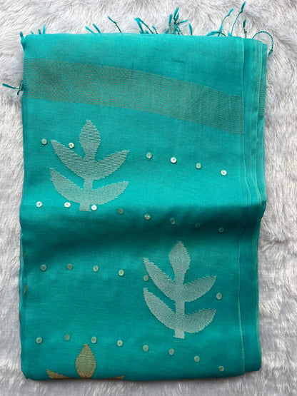 Teal Firozi - Pure Muslin Silk Saree with handwoven mother of pearl saree
